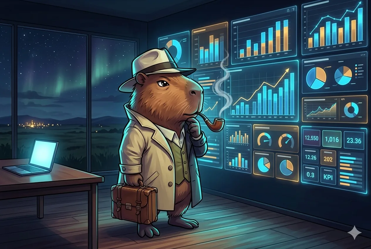 Chigüiro analista estudiando un muro de dashboards y visualizaciones de datos con gráficos de barras, tendencias y KPIs brillando en un centro de análisis nocturno, con vista a los Llanos colombianos y aurora boreal en la ventana