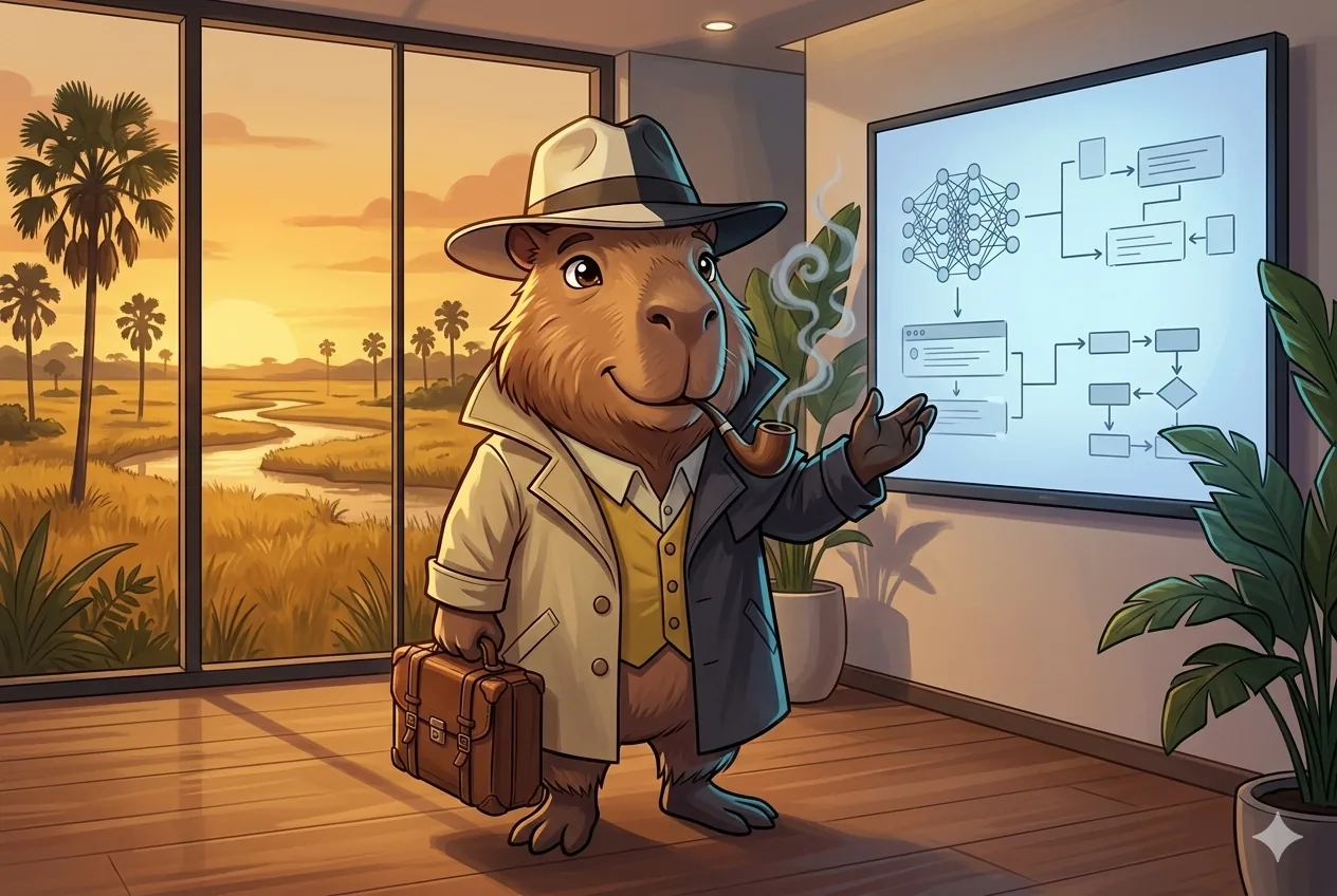 Chigüiro mentor dando una capacitación de IA frente a una pantalla con diagramas de red neuronal y flujos de prompt engineering, en una sala moderna con vista a los Llanos orientales al atardecer
