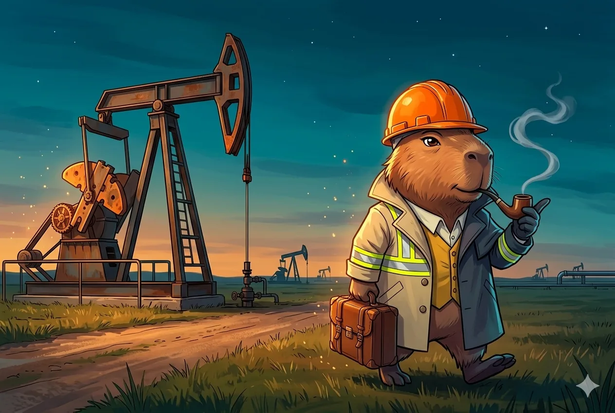 Chigüiro con casco HSE junto a pozos petroleros en los Llanos del Meta, ilustración digital representando automatización con IA para contratistas petroleros en Colombia